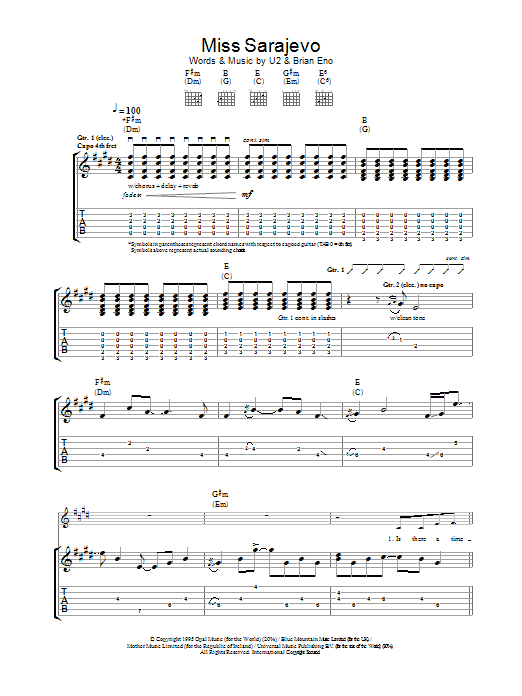 Download U2 Miss Sarajevo Sheet Music and learn how to play Guitar Tab PDF digital score in minutes