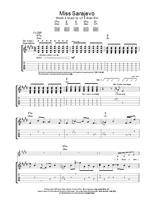 Download U2 Miss Sarajevo Sheet Music and learn how to play Piano, Vocal & Guitar (Right-Hand Melody) PDF digital score in minutes