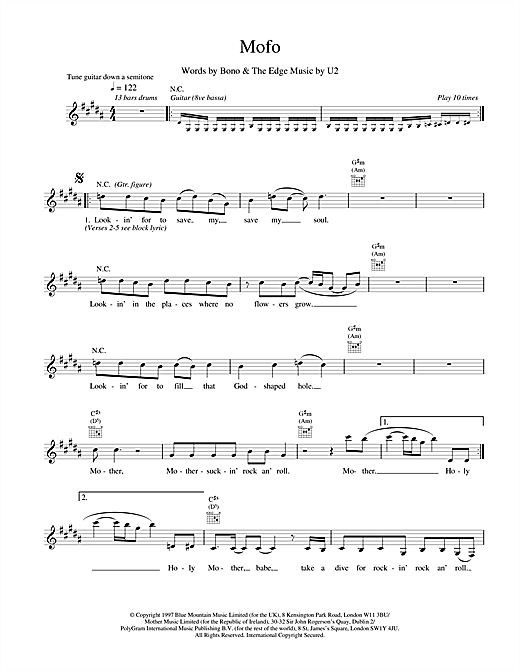 Download U2 Mofo Sheet Music and learn how to play Melody Line, Lyrics & Chords PDF digital score in minutes