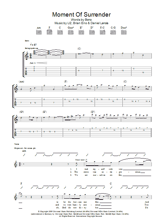 Download U2 Moment Of Surrender Sheet Music and learn how to play Piano, Vocal & Guitar (Right-Hand Melody) PDF digital score in minutes