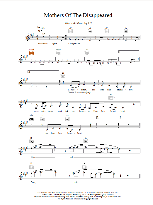 Download U2 Mothers Of The Disappeared Sheet Music and learn how to play Melody Line, Lyrics & Chords PDF digital score in minutes