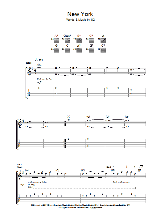 Download U2 New York Sheet Music and learn how to play Guitar Tab PDF digital score in minutes