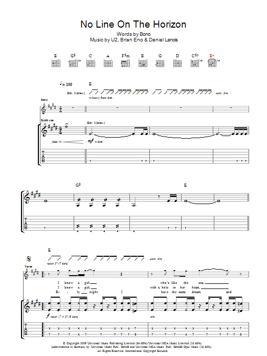 Download U2 No Line On The Horizon Sheet Music and learn how to play Piano, Vocal & Guitar (Right-Hand Melody) PDF digital score in minutes