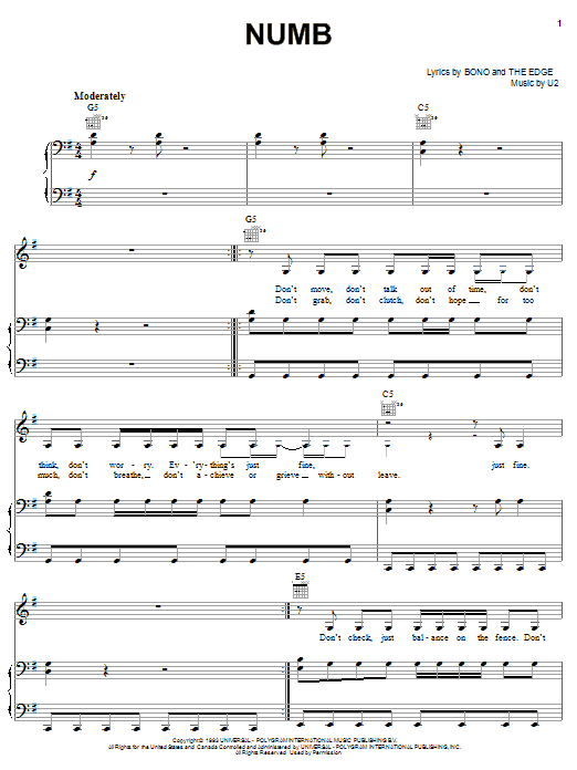 Download U2 Numb Sheet Music and learn how to play Melody Line, Lyrics & Chords PDF digital score in minutes