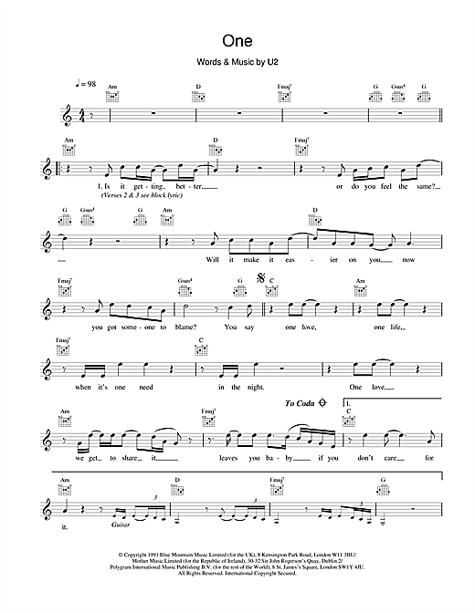 Download U2 One Sheet Music and learn how to play Real Book – Melody, Lyrics & Chords PDF digital score in minutes