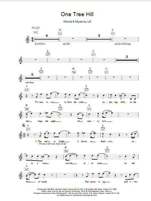 Download U2 One Tree Hill Sheet Music and learn how to play Melody Line, Lyrics & Chords PDF digital score in minutes
