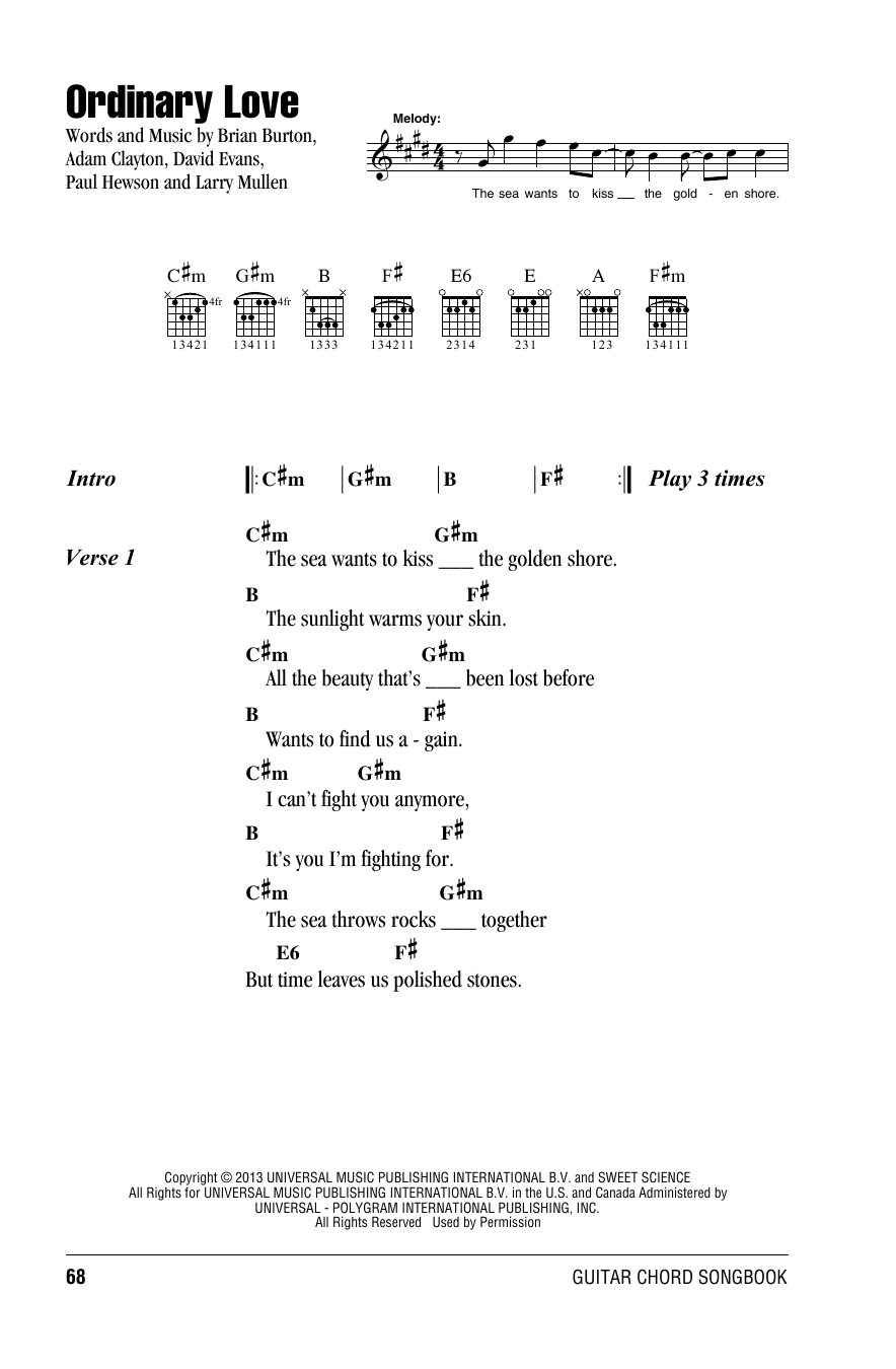 Download U2 Ordinary Love Sheet Music and learn how to play Lyrics & Chords PDF digital score in minutes