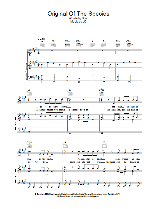 Download U2 Original Of The Species Sheet Music and learn how to play Piano, Vocal & Guitar (Right-Hand Melody) PDF digital score in minutes