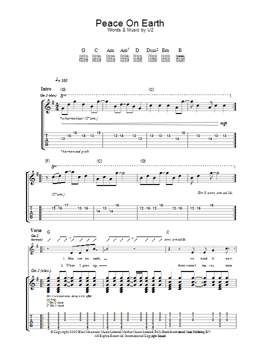 Download U2 Peace On Earth Sheet Music and learn how to play Piano, Vocal & Guitar (Right-Hand Melody) PDF digital score in minutes