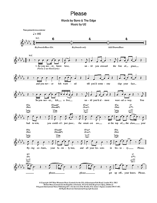 Download U2 Please Sheet Music and learn how to play Melody Line, Lyrics & Chords PDF digital score in minutes
