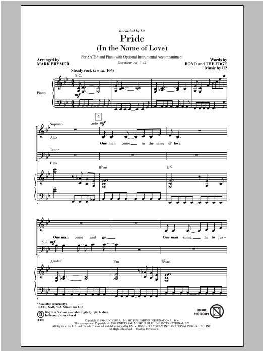 Download U2 Pride (In The Name Of Love) (arr. Mark Brymer) Sheet Music and learn how to play SAB PDF digital score in minutes