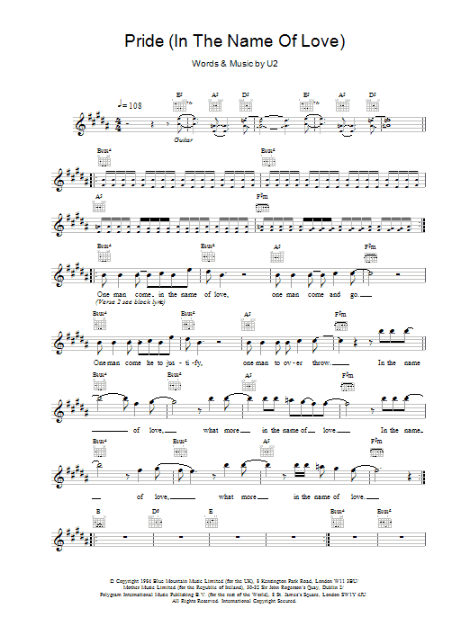 Download U2 Pride (In The Name Of Love) Sheet Music and learn how to play Lyrics & Chords PDF digital score in minutes