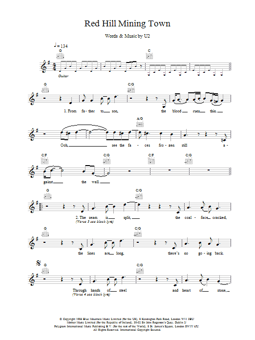 Download U2 Red Hill Mining Town Sheet Music and learn how to play Melody Line, Lyrics & Chords PDF digital score in minutes