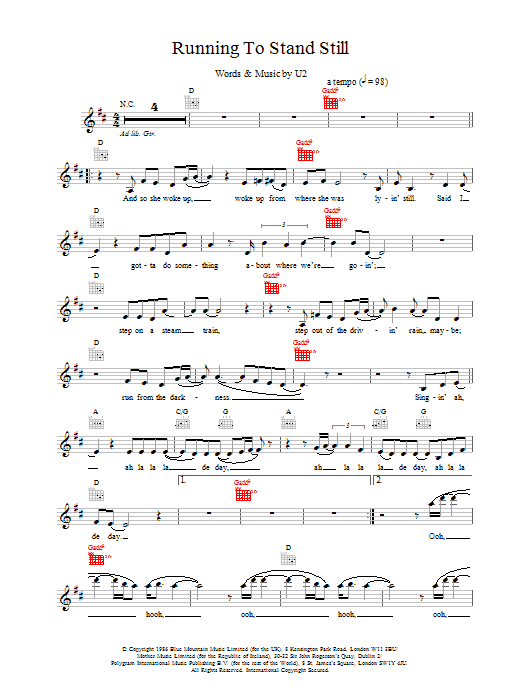 Download U2 Running To Stand Still Sheet Music and learn how to play Lyrics & Chords PDF digital score in minutes
