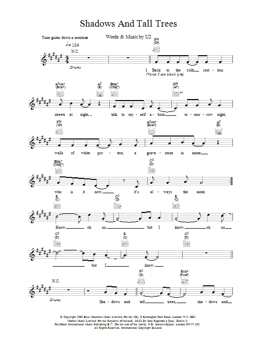 Download U2 Shadows And Tall Trees Sheet Music and learn how to play Melody Line, Lyrics & Chords PDF digital score in minutes
