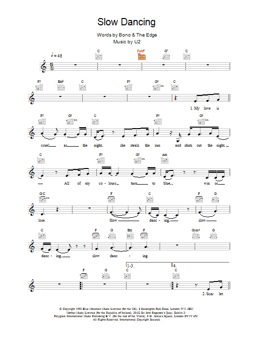 Download U2 Slow Dancing Sheet Music and learn how to play Melody Line, Lyrics & Chords PDF digital score in minutes