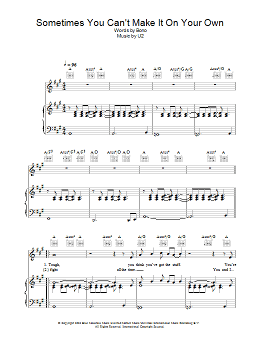 Download U2 Sometimes You Can't Make It On Your Own Sheet Music and learn how to play Piano, Vocal & Guitar (Right-Hand Melody) PDF digital score in minutes