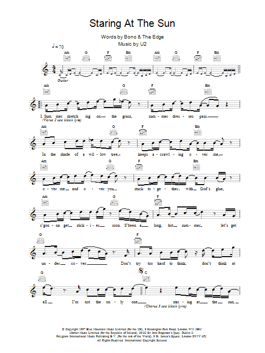 Download U2 Staring At The Sun Sheet Music and learn how to play Melody Line, Lyrics & Chords PDF digital score in minutes