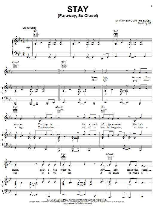 Download U2 Stay (Faraway, So Close!) Sheet Music and learn how to play Lead Sheet / Fake Book PDF digital score in minutes