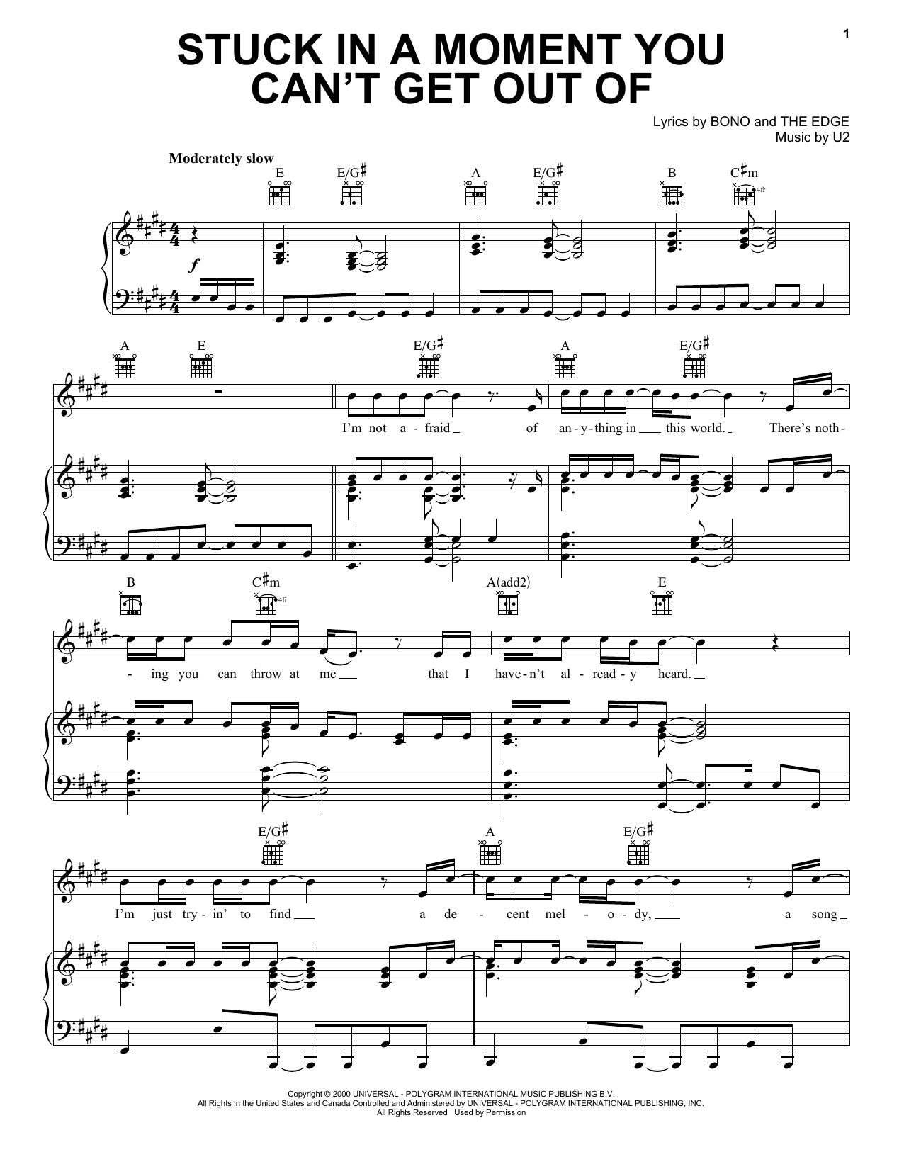 Download U2 Stuck In A Moment You Can't Get Out Of Sheet Music and learn how to play Piano, Vocal & Guitar (Right-Hand Melody) PDF digital score in minutes