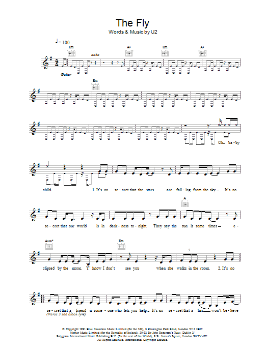 Download U2 The Fly Sheet Music and learn how to play Melody Line, Lyrics & Chords PDF digital score in minutes