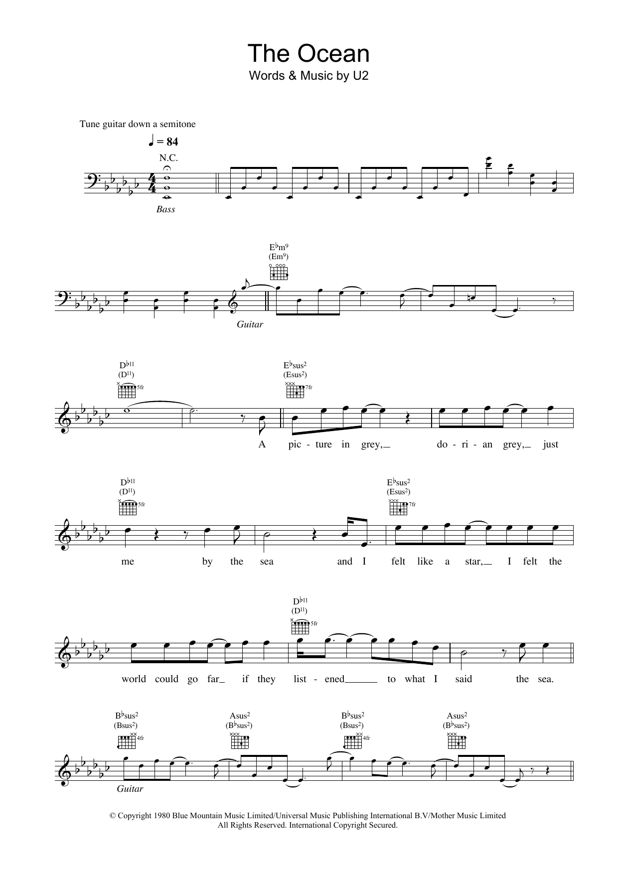Download U2 The Ocean Sheet Music and learn how to play Melody Line, Lyrics & Chords PDF digital score in minutes