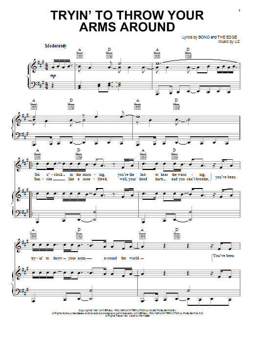 Download U2 Tryin' To Throw Your Arms Around Sheet Music and learn how to play Piano, Vocal & Guitar (Right-Hand Melody) PDF digital score in minutes