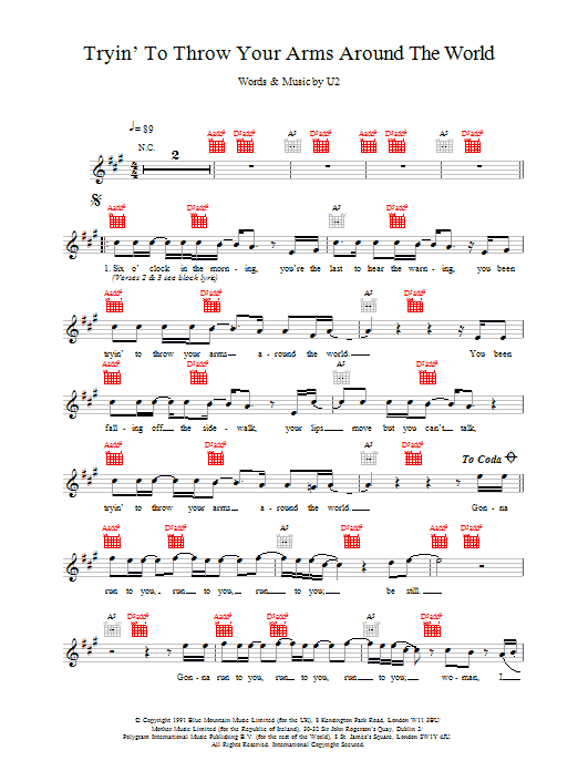 Download U2 Tryin' To Throw Your Arms Around The World Sheet Music and learn how to play Melody Line, Lyrics & Chords PDF digital score in minutes