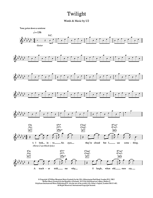 Download U2 Twilight Sheet Music and learn how to play Melody Line, Lyrics & Chords PDF digital score in minutes