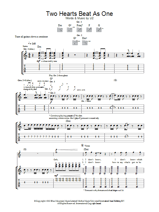 Download U2 Two Hearts Beat As One Sheet Music and learn how to play Guitar Tab PDF digital score in minutes