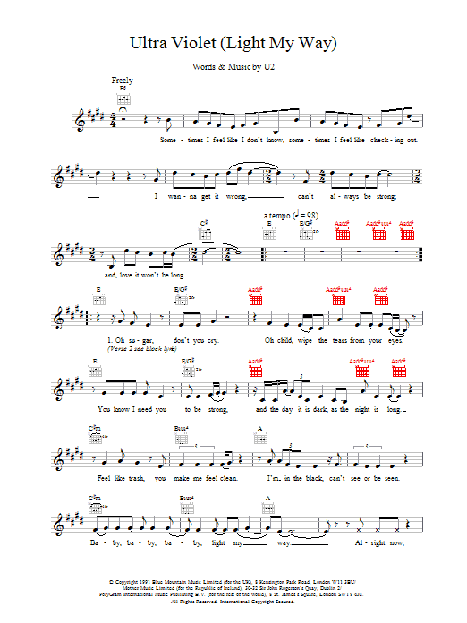 Download U2 Ultra Violet (Light My Way) Sheet Music and learn how to play Melody Line, Lyrics & Chords PDF digital score in minutes