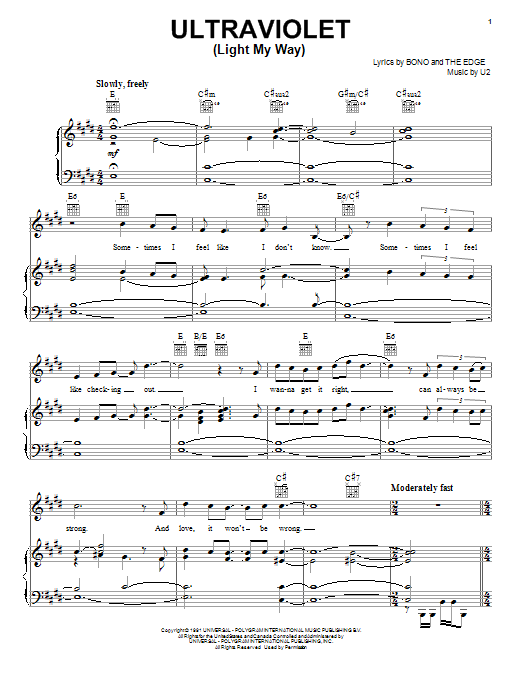 Download U2 Ultraviolet (Light My Way) Sheet Music and learn how to play Piano, Vocal & Guitar (Right-Hand Melody) PDF digital score in minutes