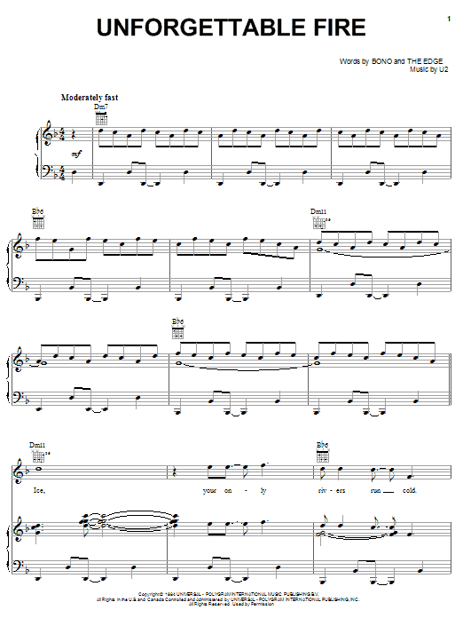 Download U2 Unforgettable Fire Sheet Music and learn how to play Piano, Vocal & Guitar (Right-Hand Melody) PDF digital score in minutes