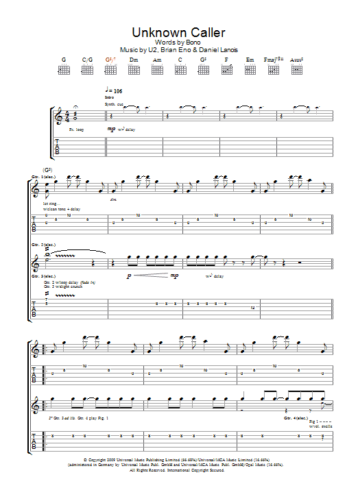 Download U2 Unknown Caller Sheet Music and learn how to play Piano, Vocal & Guitar (Right-Hand Melody) PDF digital score in minutes