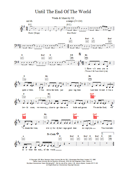 Download U2 Until The End Of The World Sheet Music and learn how to play Melody Line, Lyrics & Chords PDF digital score in minutes