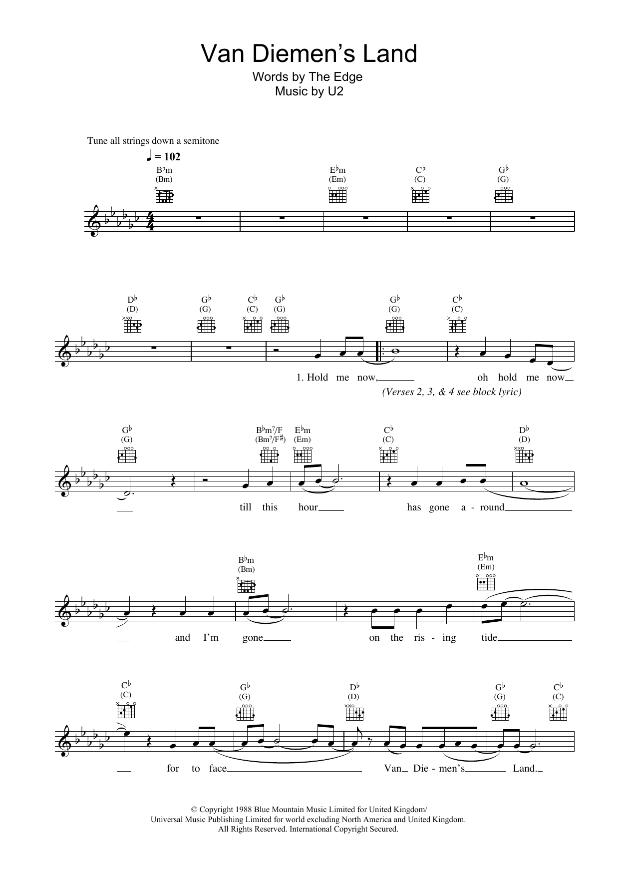 Download U2 Van Diemen's Land Sheet Music and learn how to play Melody Line, Lyrics & Chords PDF digital score in minutes