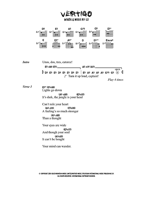 Download U2 Vertigo Sheet Music and learn how to play Piano, Vocal & Guitar (Right-Hand Melody) PDF digital score in minutes