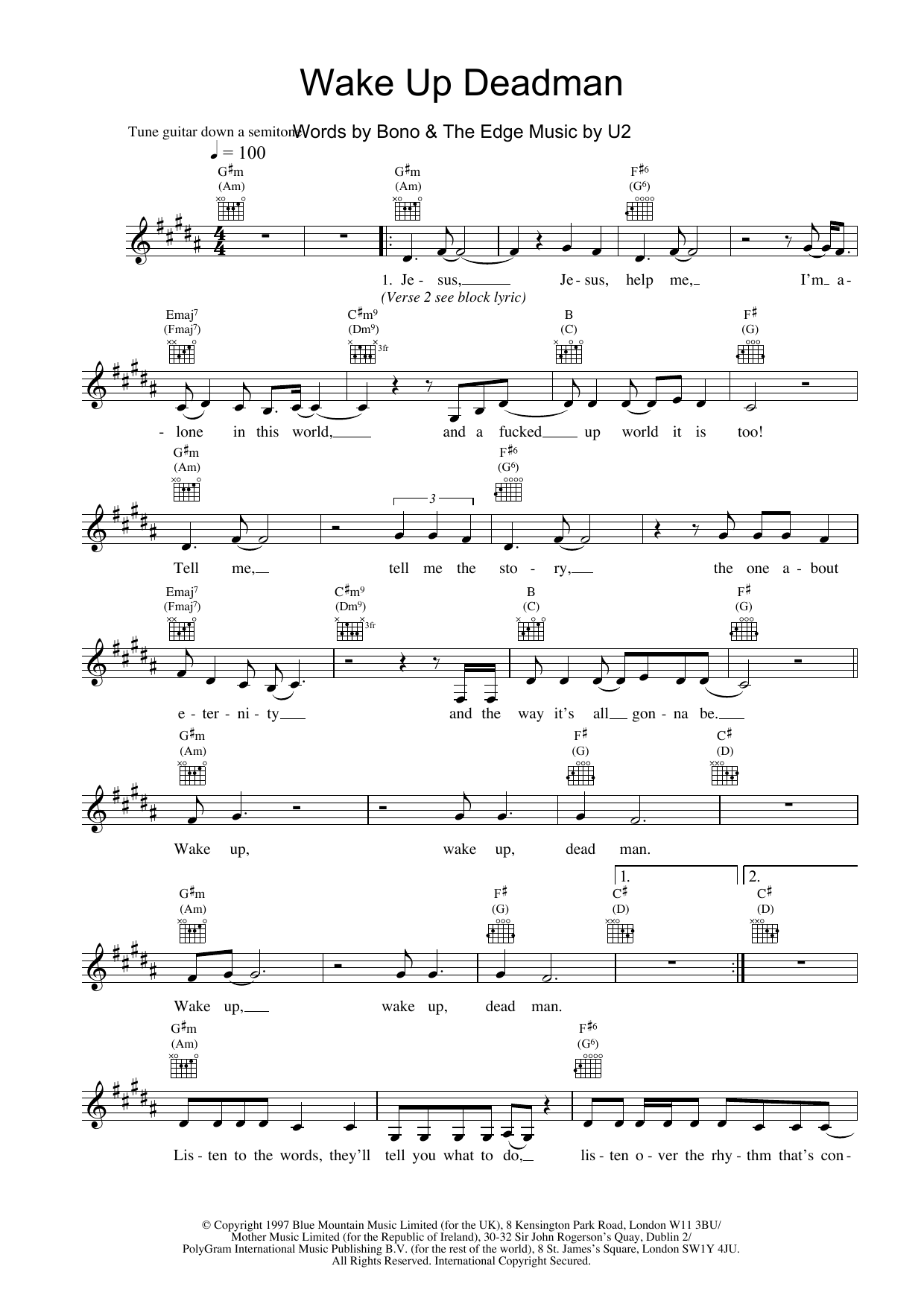 Download U2 Wake Up Dead Man Sheet Music and learn how to play Lead Sheet / Fake Book PDF digital score in minutes