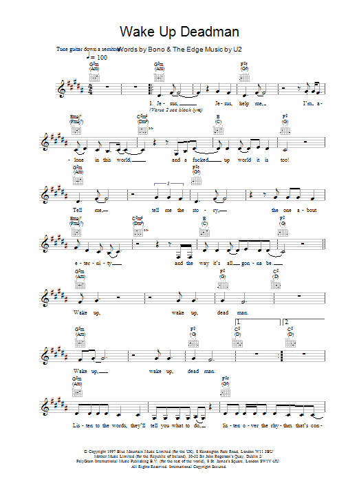 Download U2 Wake Up Dead Man Sheet Music and learn how to play Melody Line, Lyrics & Chords PDF digital score in minutes