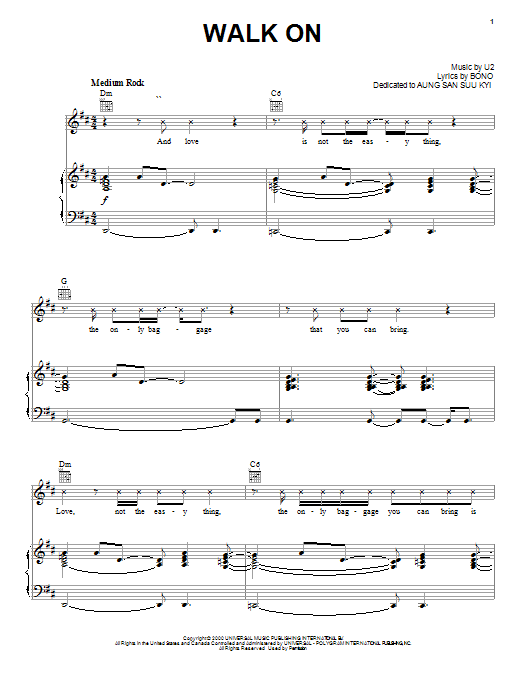 Download U2 Walk On Sheet Music and learn how to play Piano, Vocal & Guitar (Right-Hand Melody) PDF digital score in minutes