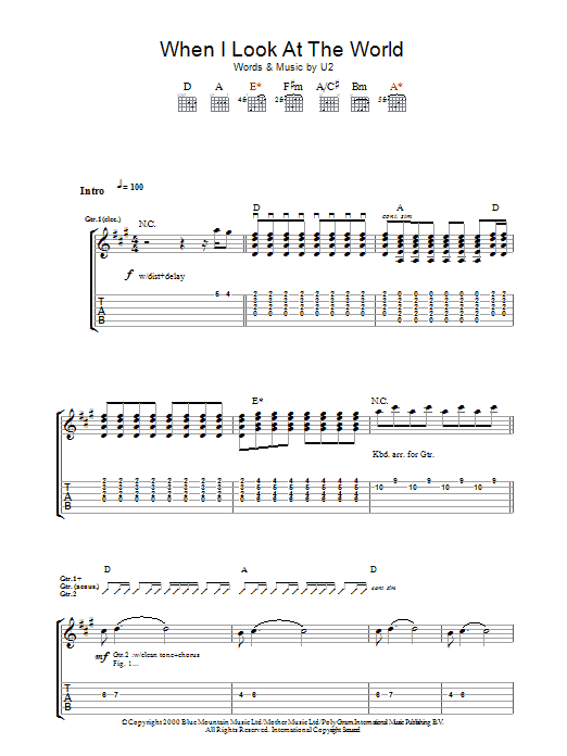 Download U2 When I Look At The World Sheet Music and learn how to play Guitar Tab PDF digital score in minutes