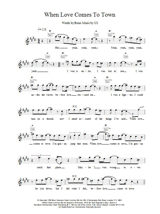 Download U2 When Love Comes To Town Sheet Music and learn how to play Melody Line, Lyrics & Chords PDF digital score in minutes