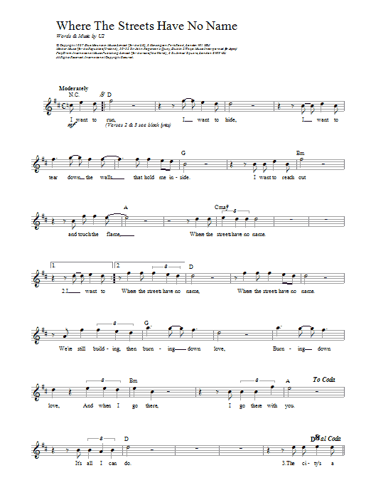 Download U2 Where The Streets Have No Name Sheet Music and learn how to play Piano, Vocal & Guitar (Right-Hand Melody) PDF digital score in minutes