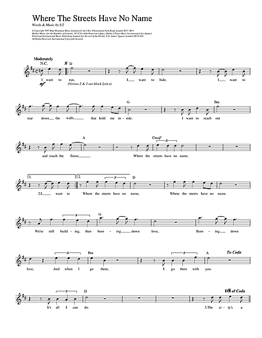 U2 where the streets have no name sheet music notes download