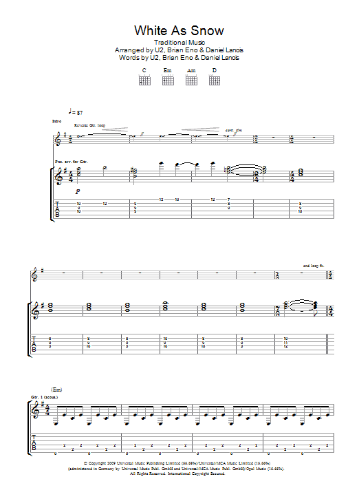 Download U2 White As Snow Sheet Music and learn how to play Piano, Vocal & Guitar (Right-Hand Melody) PDF digital score in minutes