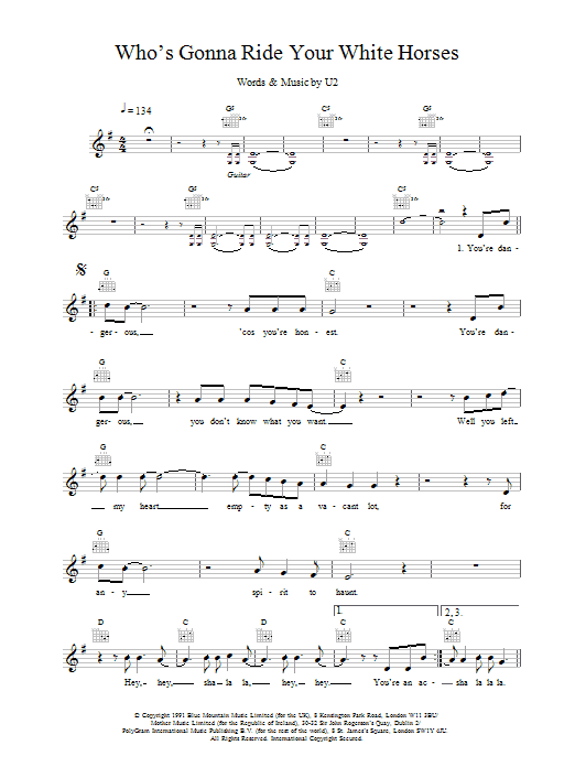 Download U2 Who's Gonna Ride Your Wild Horses Sheet Music and learn how to play Melody Line, Lyrics & Chords PDF digital score in minutes