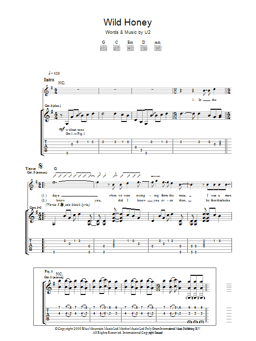 Download U2 Wild Honey Sheet Music and learn how to play Guitar Tab PDF digital score in minutes