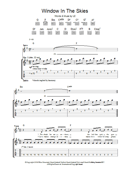 Download U2 Window In The Skies Sheet Music and learn how to play Guitar Tab PDF digital score in minutes