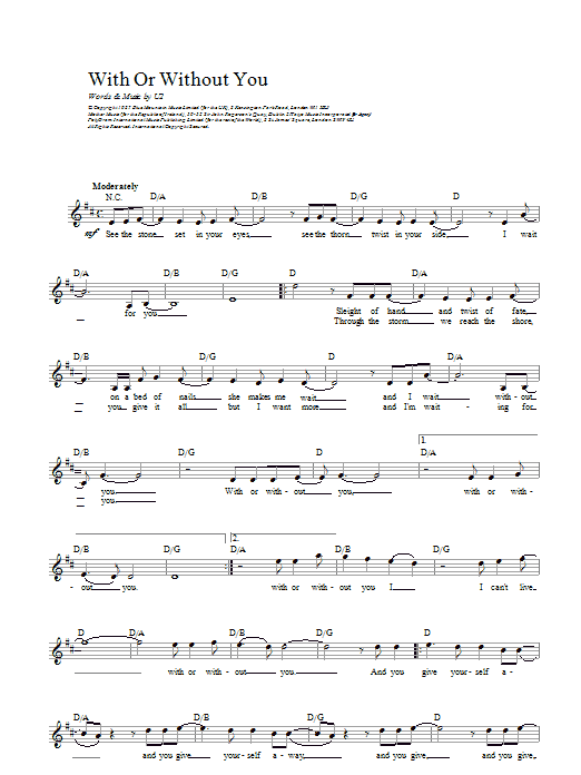Download U2 With Or Without You Sheet Music and learn how to play Real Book – Melody, Lyrics & Chords PDF digital score in minutes