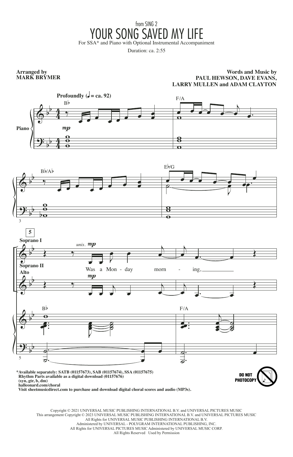 Download U2 Your Song Saved My Life (from Sing 2) (arr. Mark Brymer) Sheet Music and learn how to play SATB Choir PDF digital score in minutes
